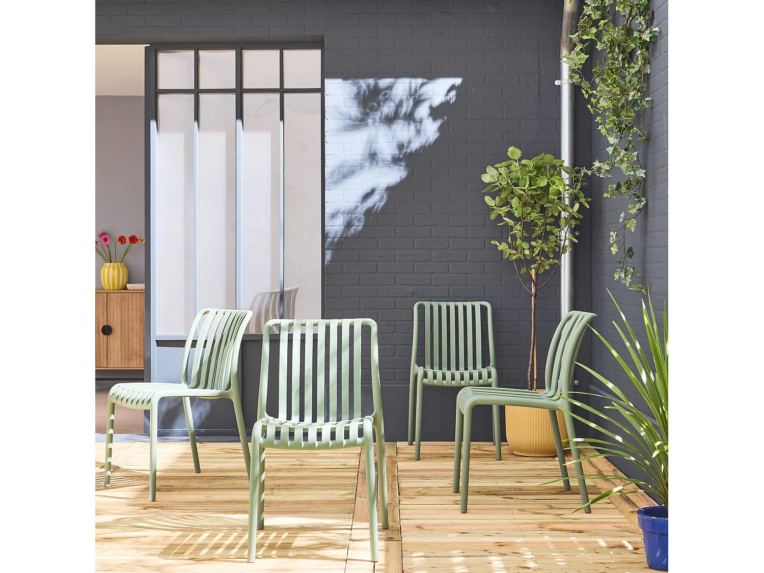 Silla de jardín de plástico, apilable, set de 4 verde grisáceo