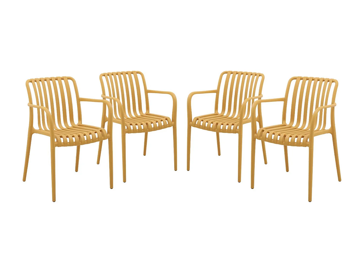 Lot de 4 fauteuils de jardin en plastique moutarde. empilables. design linéaire