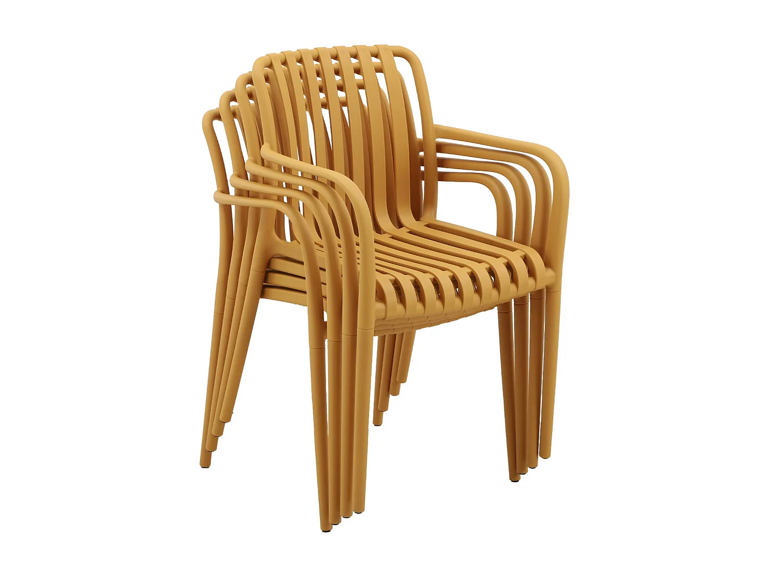 Lot de 4 fauteuils de jardin en plastique moutarde. empilables. design linéaire