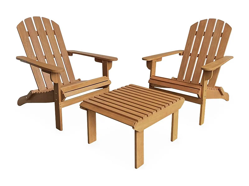 Lot de 2 fauteuils de jardin en bois avec un repose-pieds/table basse - Adirondack Salamanca - Eucalyptus. chaises de terrasse retro