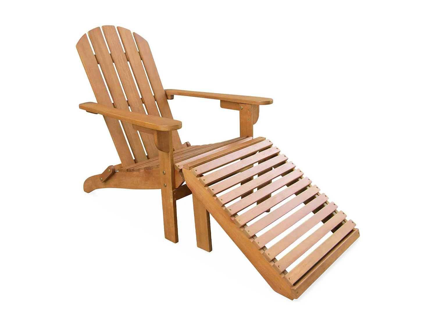 Lot de 2 fauteuils de jardin en bois avec un repose-pieds/table basse - Adirondack Salamanca - Eucalyptus. chaises de terrasse retro