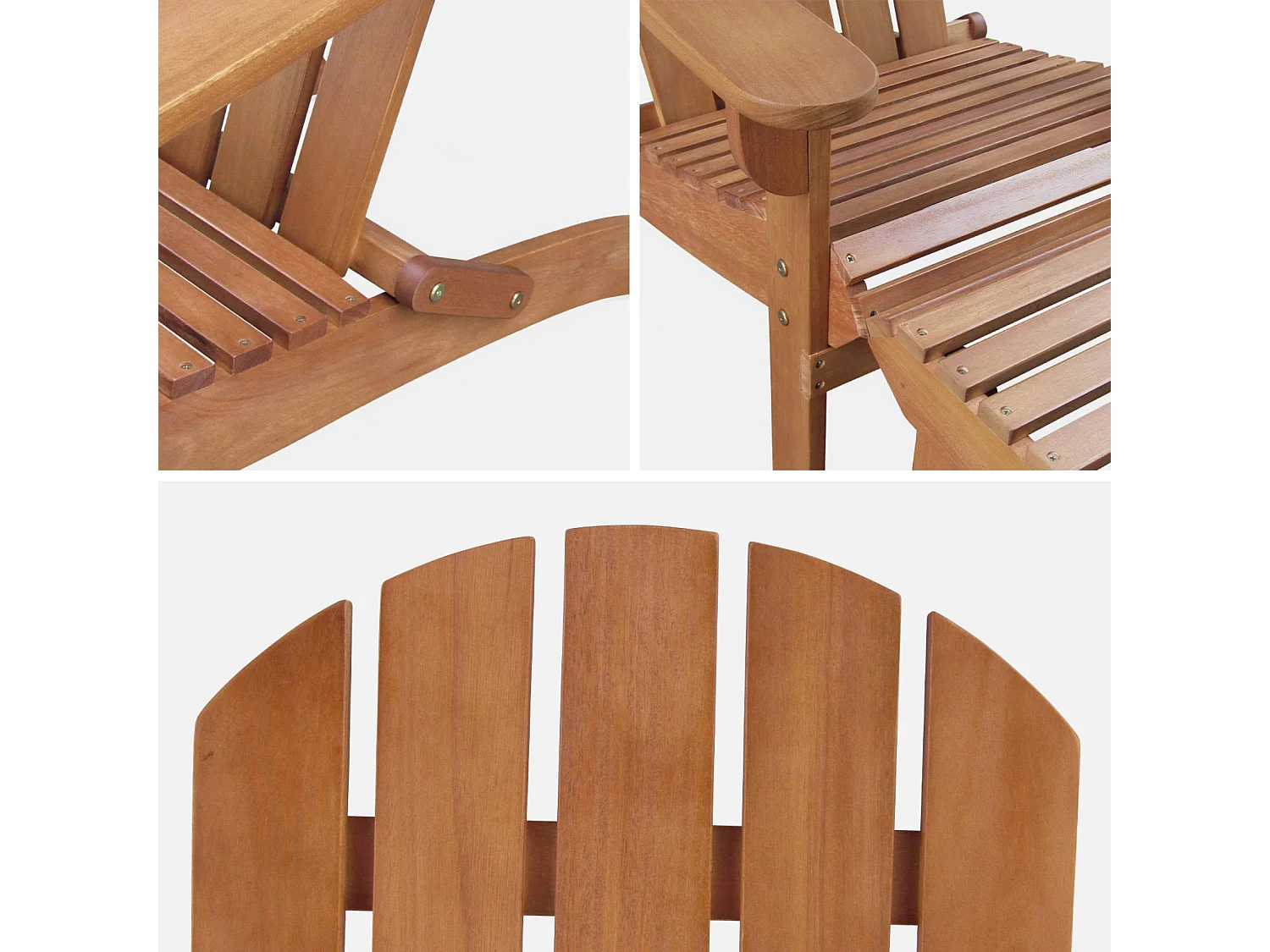 Lot de 2 fauteuils de jardin en bois avec un repose-pieds/table basse - Adirondack Salamanca - Eucalyptus. chaises de terrasse retro
