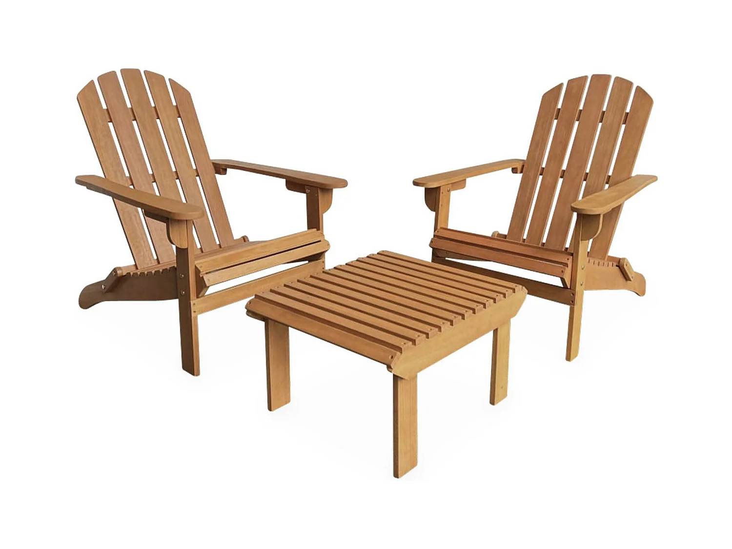 Lot de 2 fauteuils de jardin en bois avec un repose-pieds/table basse - Adirondack Salamanca - Eucalyptus. chaises de terrasse retro