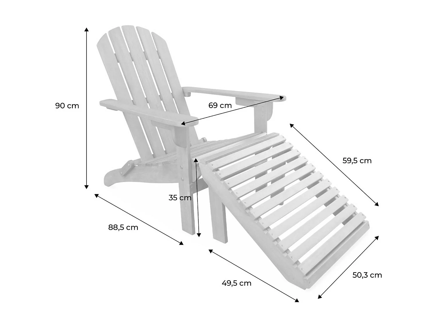 Lot de 2 fauteuils de jardin en bois avec un repose-pieds/table basse - Adirondack Salamanca - Eucalyptus. chaises de terrasse retro