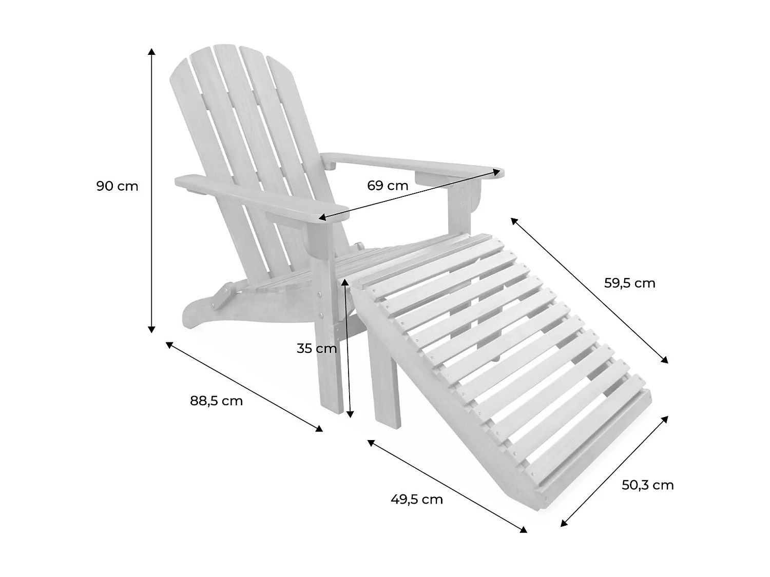 Lot de 2 fauteuils de jardin en bois avec un repose-pieds/table basse - Adirondack Salamanca - Eucalyptus. chaises de terrasse retro