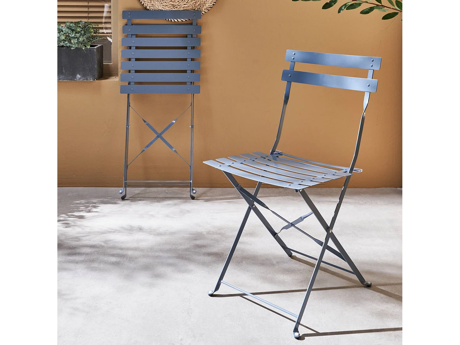 Set sillas de jardín plegables de metal, 2 asientos azul gris