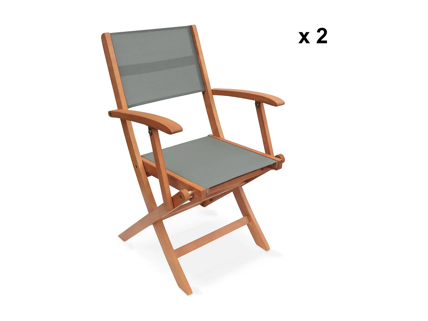 Fauteuils de jardin en bois et textilène - Almeria kaki - 2 fauteuils pliants en bois d'Eucalyptus huilé et textilène