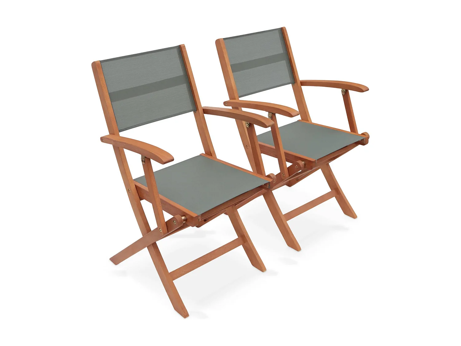 Fauteuils de jardin en bois et textilène - Almeria kaki - 2 fauteuils pliants en bois d'Eucalyptus huilé et textilène