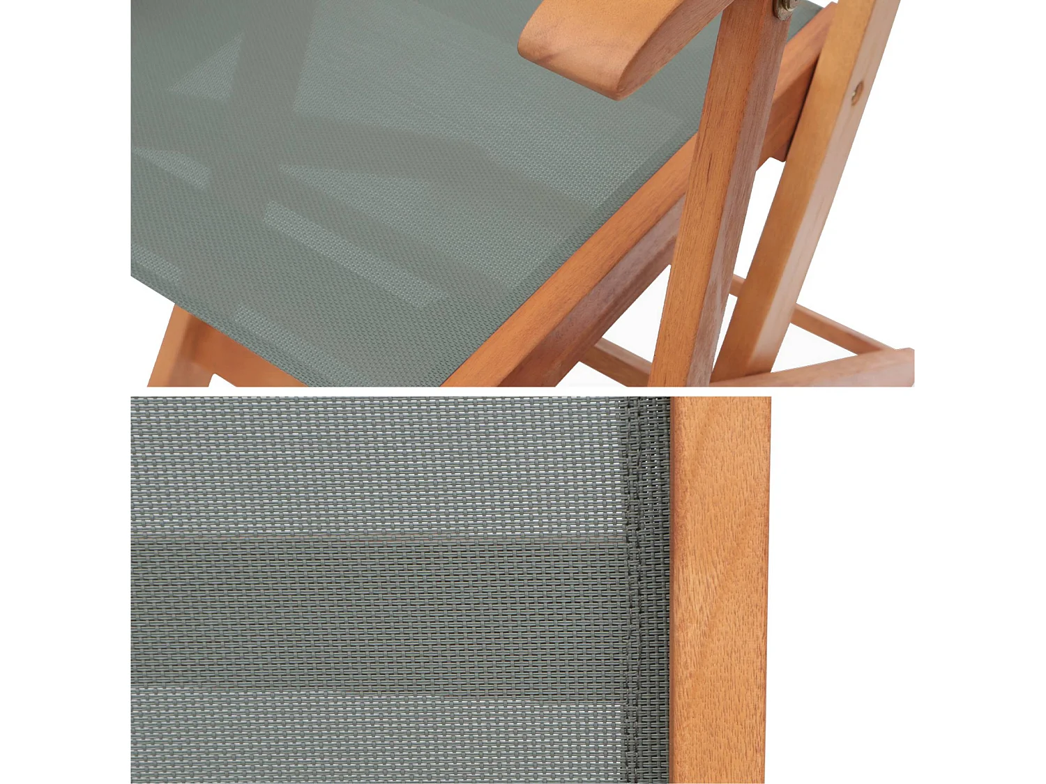 Fauteuils de jardin en bois et textilène - Almeria kaki - 2 fauteuils pliants en bois d'Eucalyptus huilé et textilène