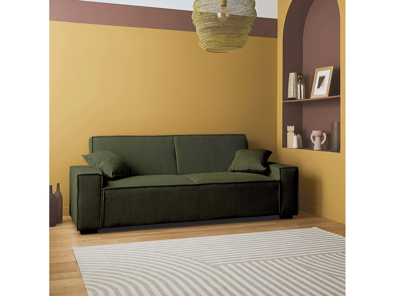 Divano letto a 3 posti in velluto a coste, kaki