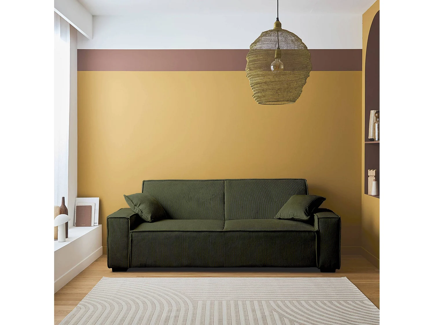 Divano letto a 3 posti in velluto a coste, kaki