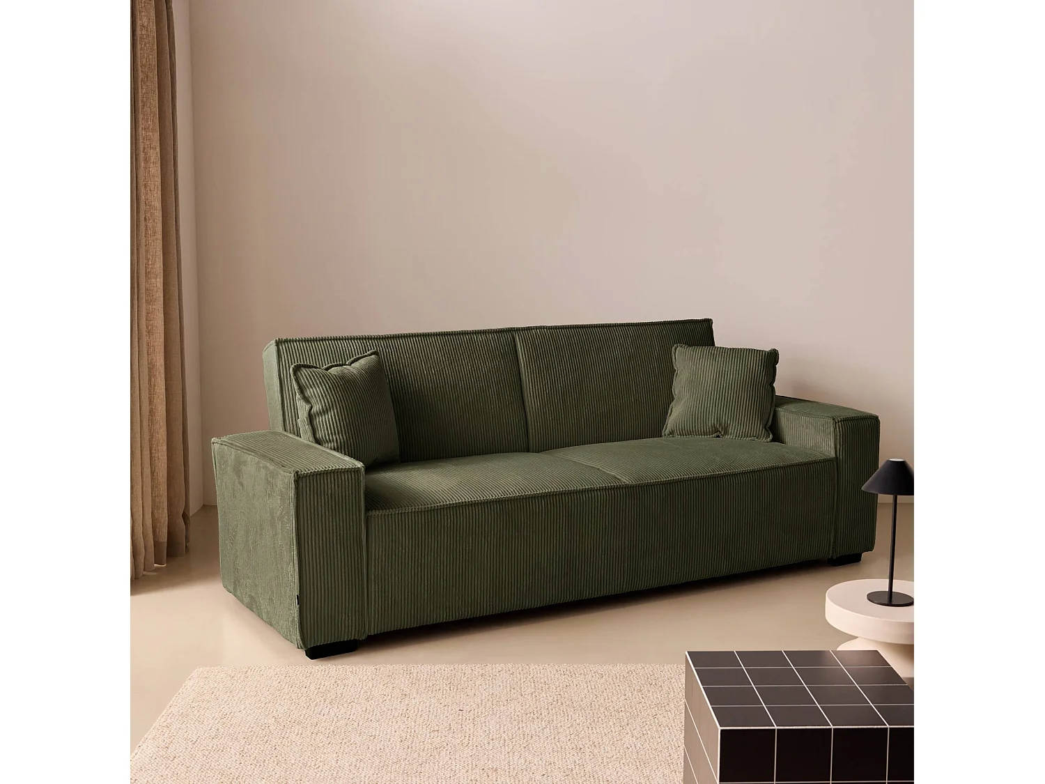 Canapé convertible clic-clac 3 places en velours côtelé kaki 231x96x80 cm