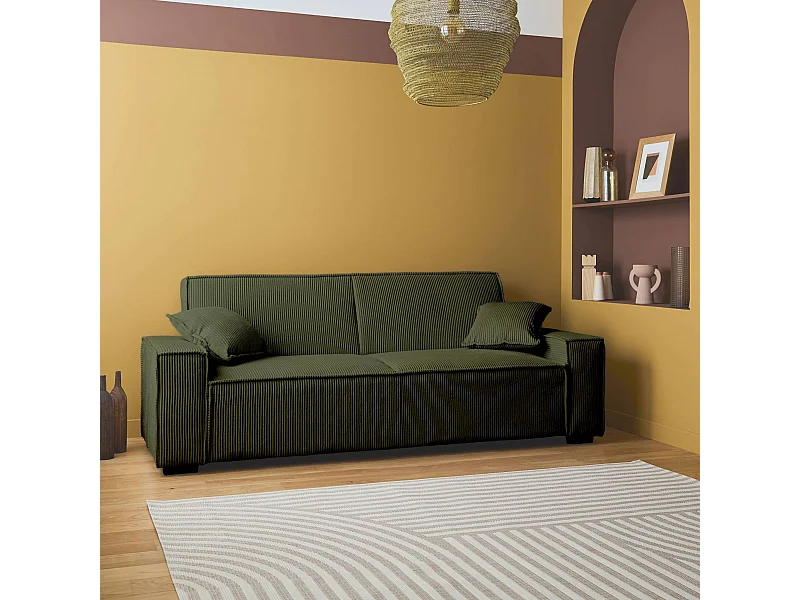 Divano letto a 3 posti in velluto a coste, kaki