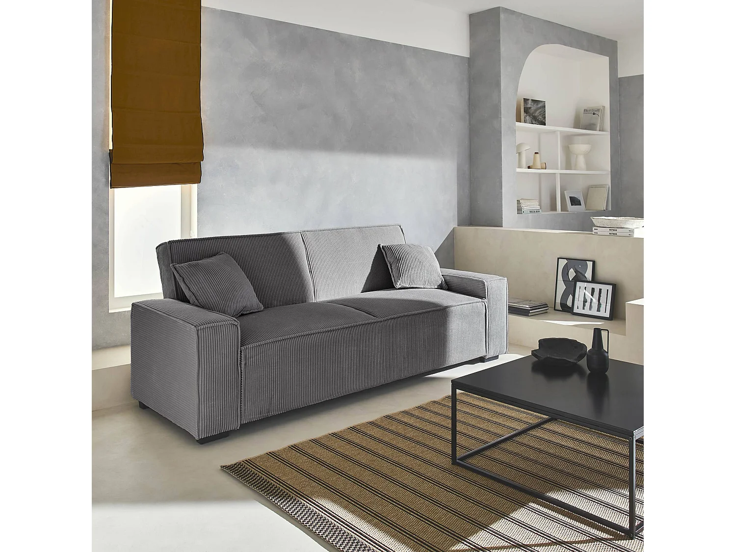 Canapé convertible 3 places gris clair velours côtelé L 231 x P 96.5 x H 80cm