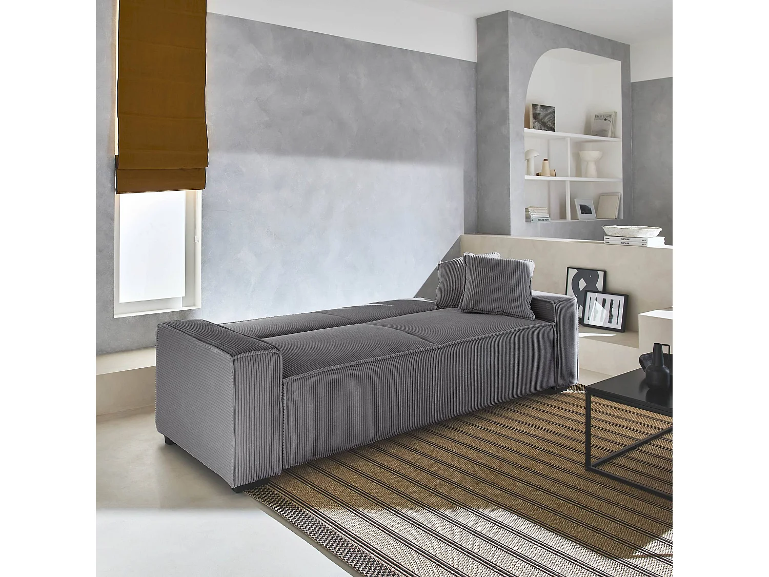 Canapé convertible 3 places gris clair velours côtelé L 231 x P 96.5 x H 80cm