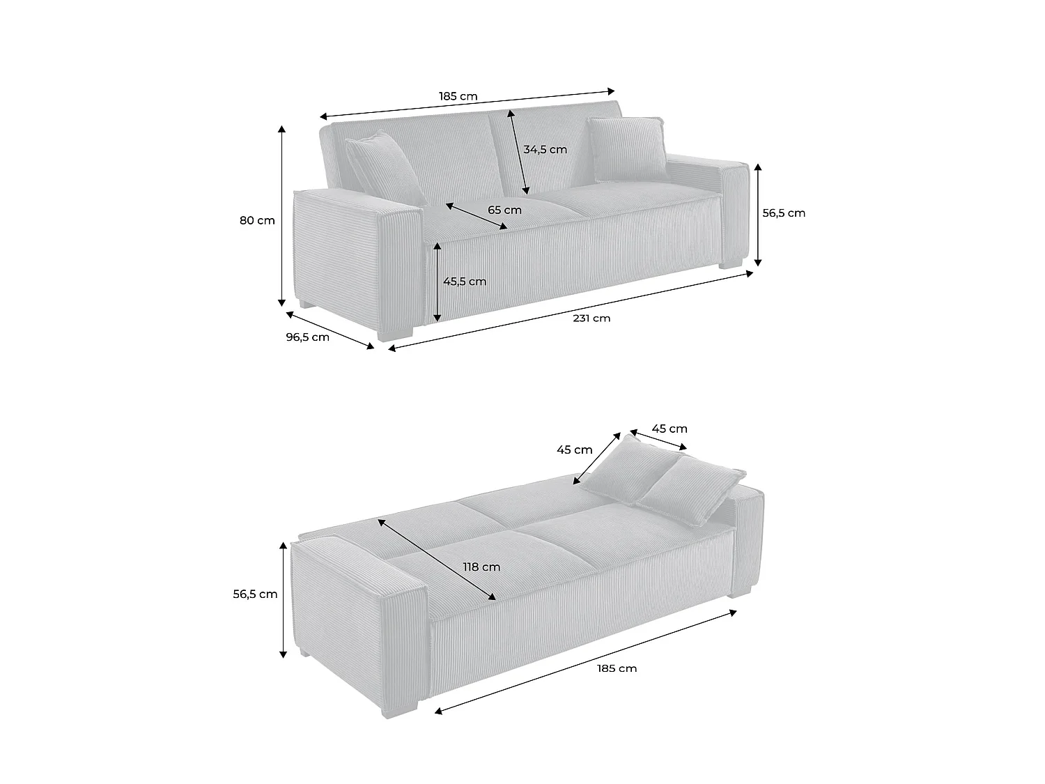 Sofá cama de pana, 3 plazas, Gris claro