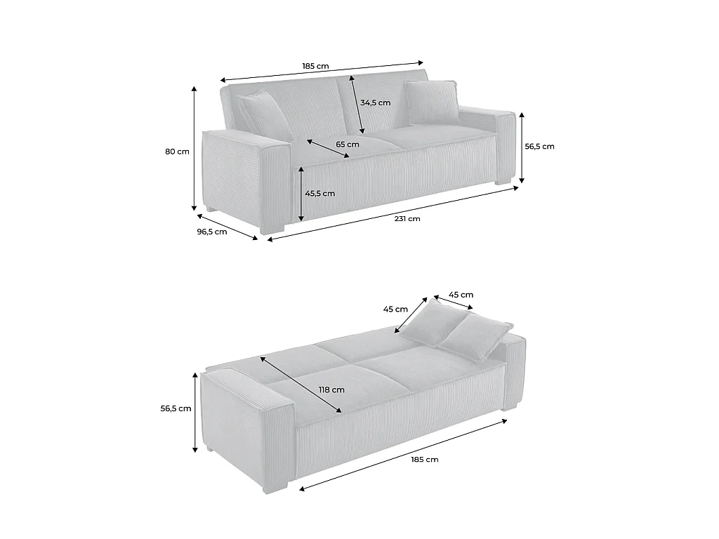 Sofá cama de pana, 3 plazas, Gris claro