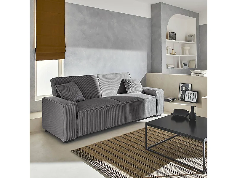Divano letto a 3 posti in velluto a coste, grigio chiaro