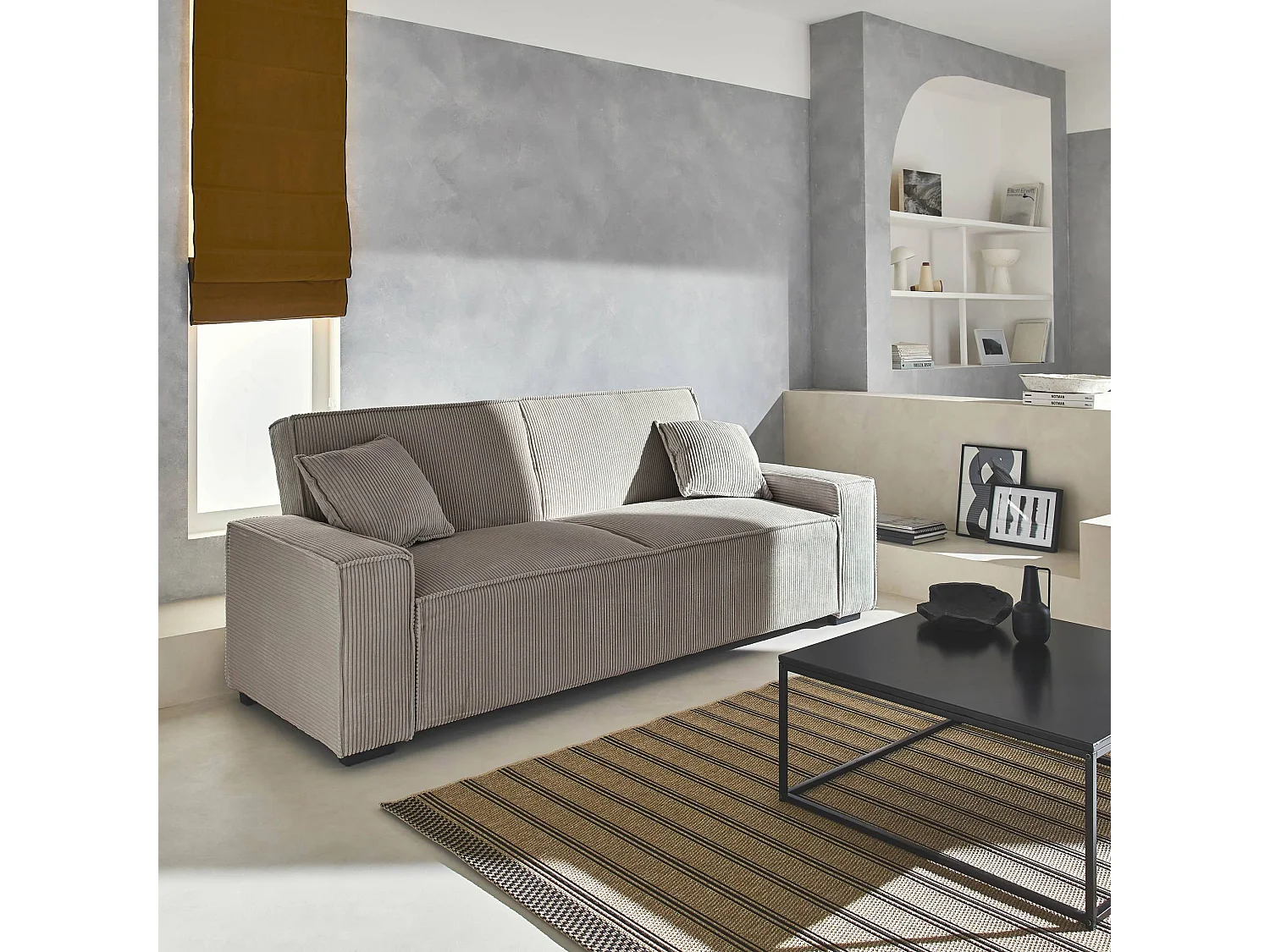 Divano letto a 3 posti in velluto a coste, beige