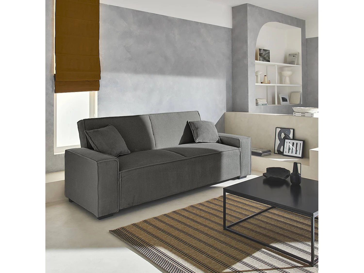 Sofá cama de pana de 3 plazas gris oscuro