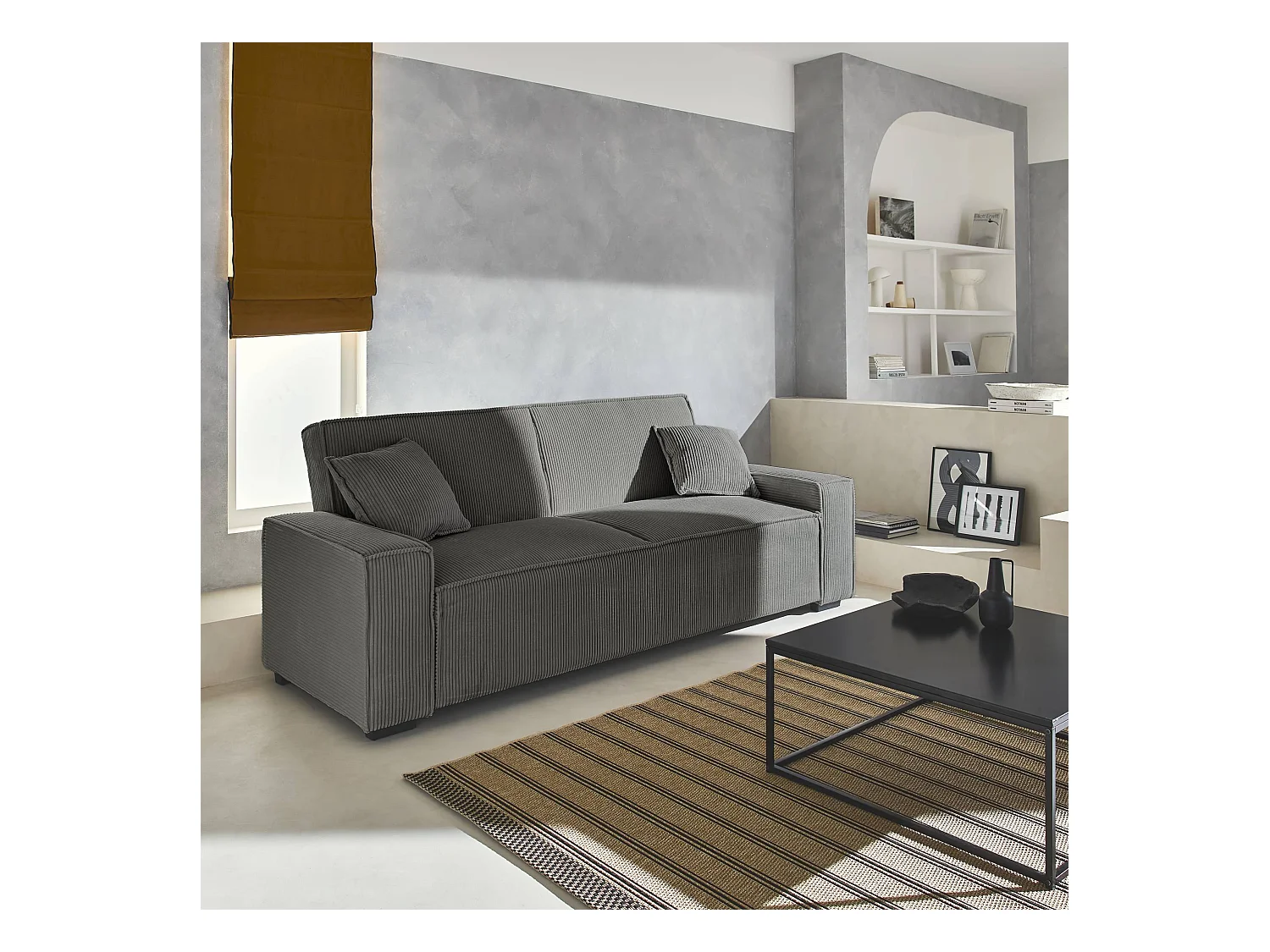 Canapé convertible 3 places gris foncé velours côtelé L 231 x P 96.5 x H 80cm