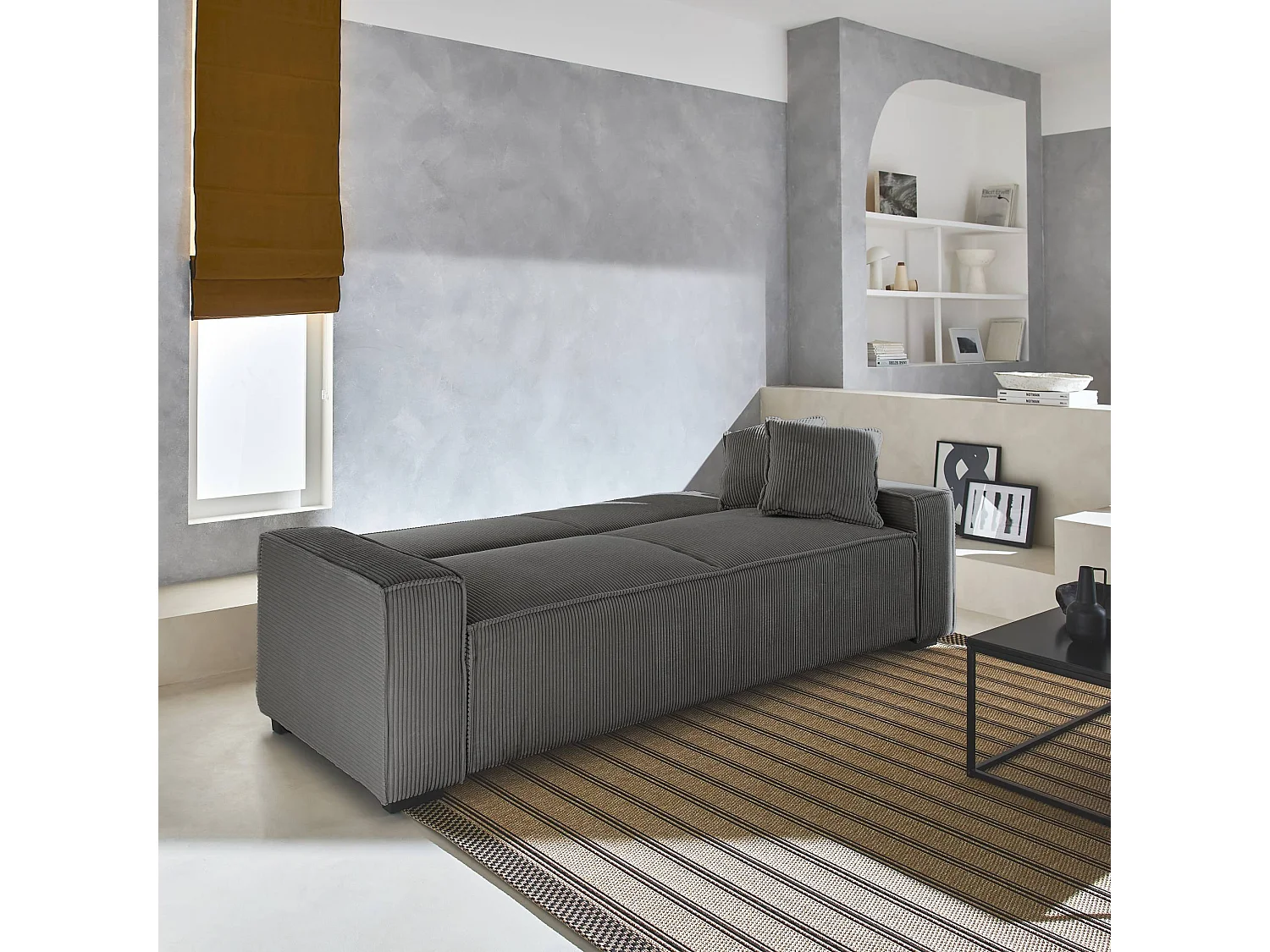 Sofá cama de pana, 3 plazas gris oscuro