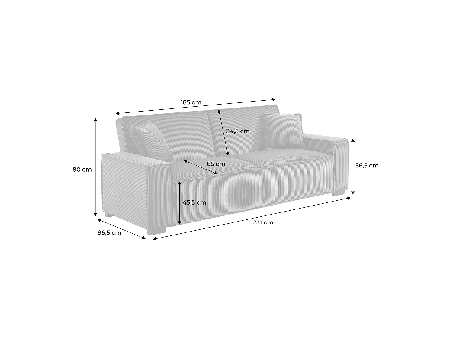 Sofá cama de pana, 3 plazas gris oscuro