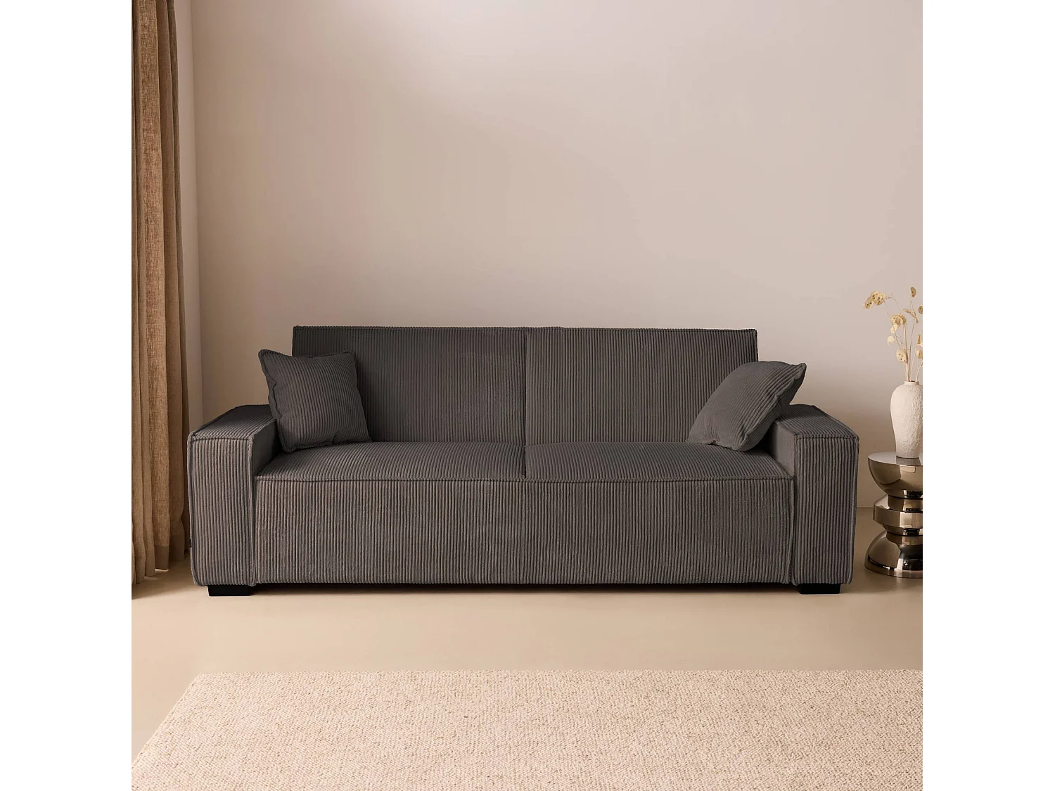 Sofá cama de pana, 3 plazas gris oscuro