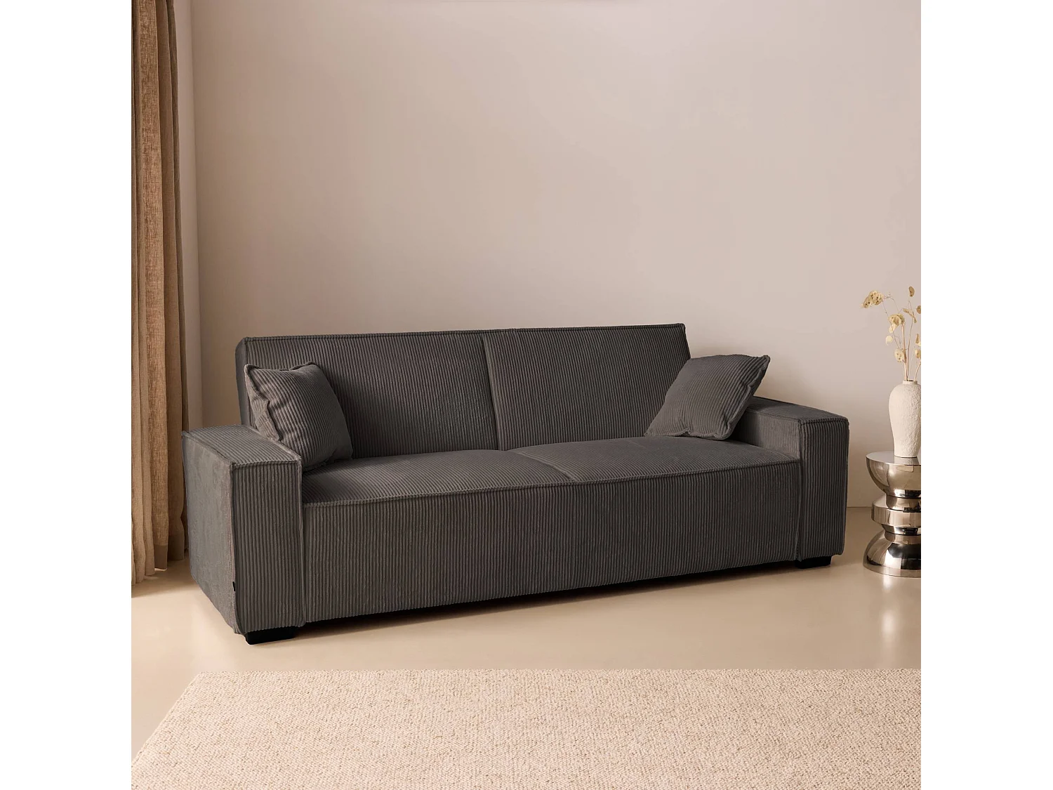 Sofá cama de pana, 3 plazas gris oscuro