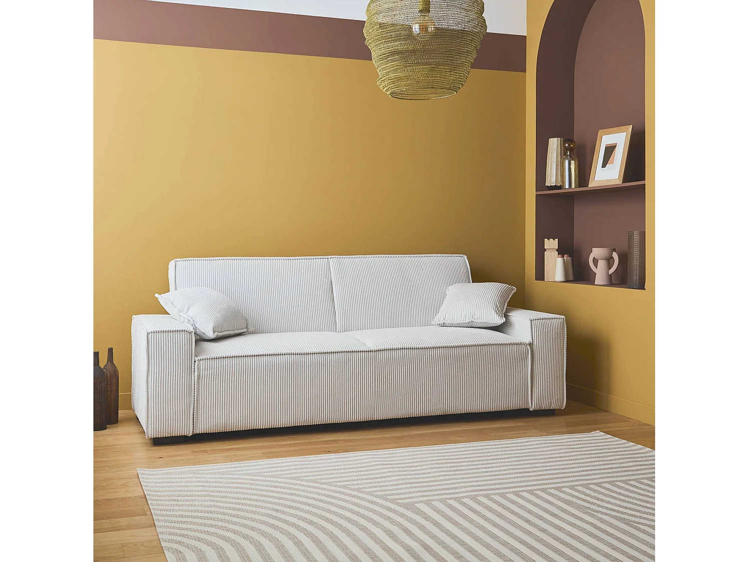 Sofá cama de pana de 3 plazas crema