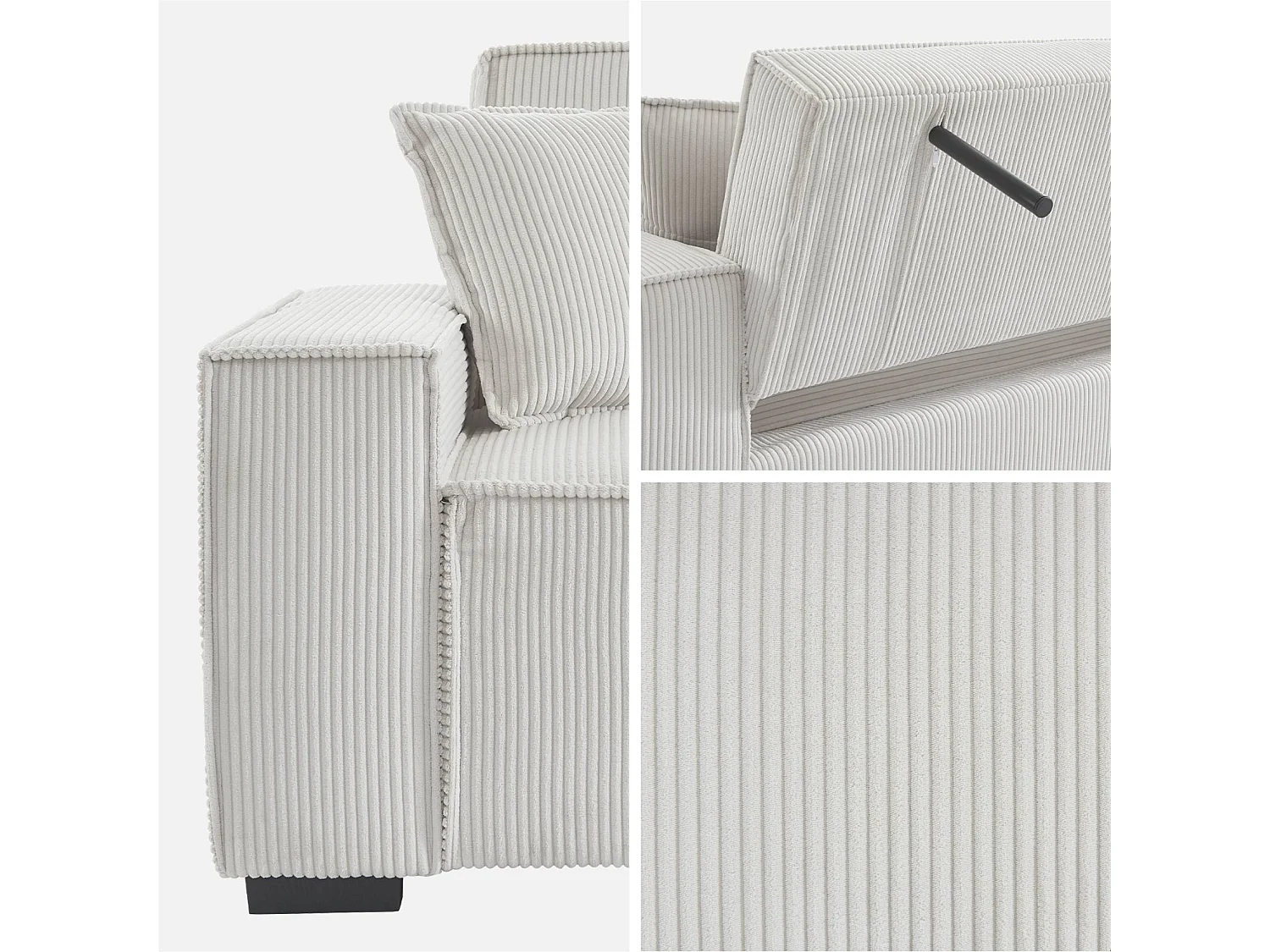 Canapé convertible 3 places en velours côtelé blanc 231x96x80 cm