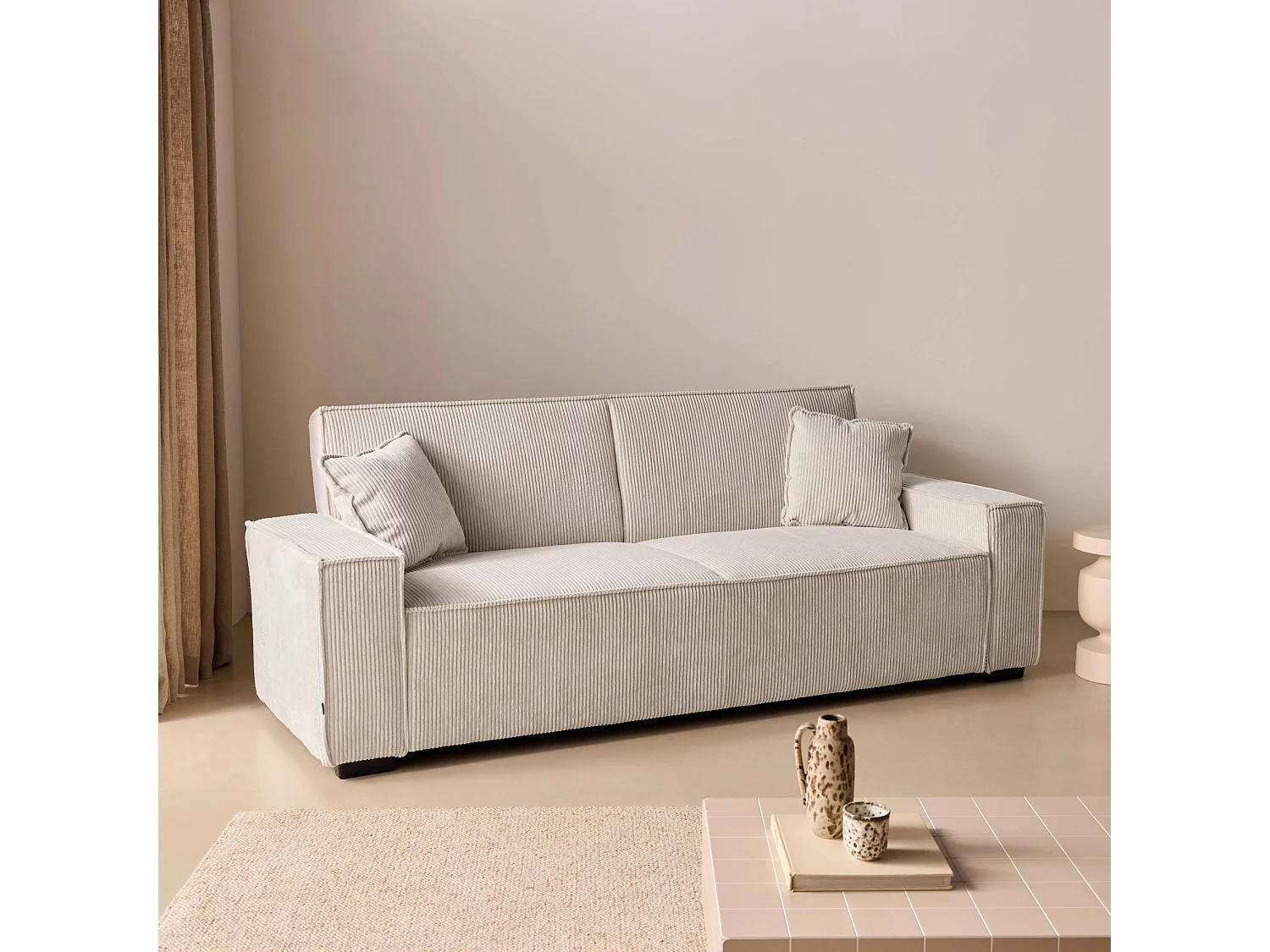 Canapé convertible 3 places en velours côtelé blanc 231x96x80 cm
