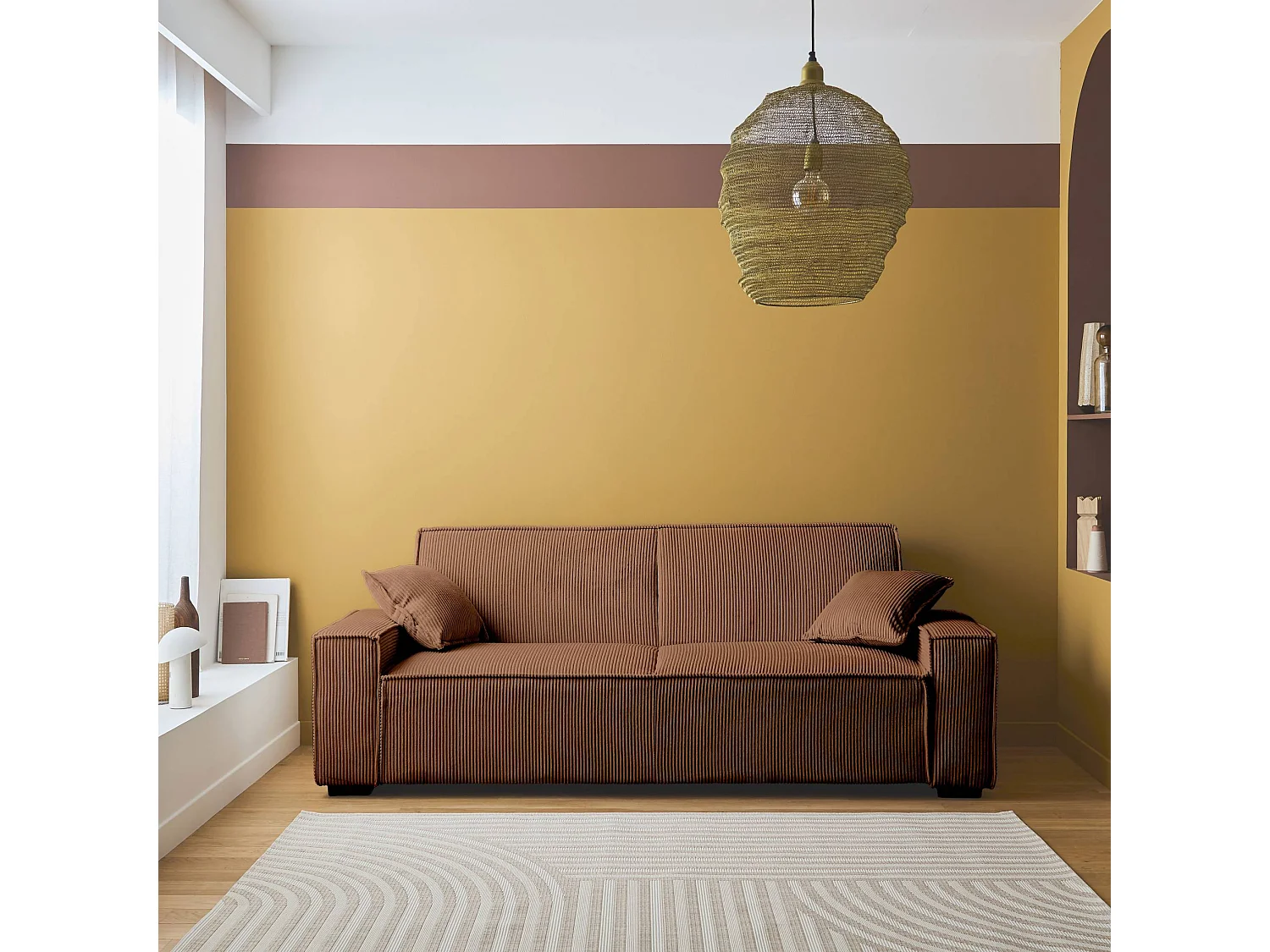 Canapé convertible 3 places camel velours côtelé L 231 x P 96.5 x H 80cm