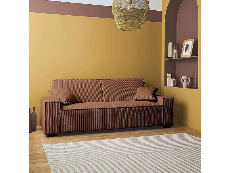 Canapé convertible 3 places camel velours côtelé L 231 x P 96.5 x H 80cm