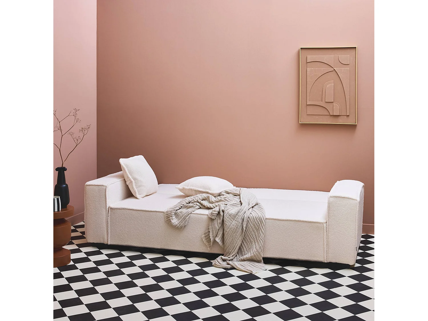 Sofá cama de 3 plazas en tejido borreguito crema