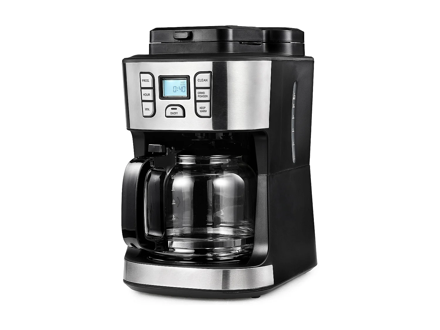 Cafetera de filtro barista con molinillo y jarra aislada | Cafetera aislada para 10 tazas grandes de café | Para café en grano y café molido, negro/gris