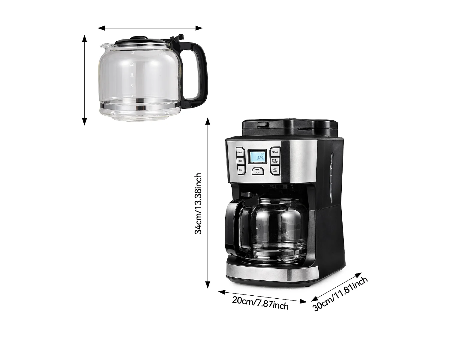 Cafetera de filtro barista con molinillo y jarra aislada | Cafetera aislada para 10 tazas grandes de café | Para café en grano y café molido, negro/gris