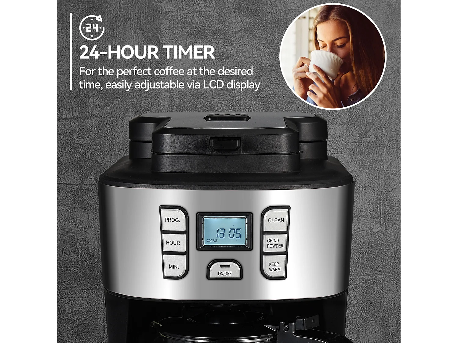 Cafetera de filtro barista con molinillo y jarra aislada | Cafetera aislada para 10 tazas grandes de café | Para café en grano y café molido, negro/gris