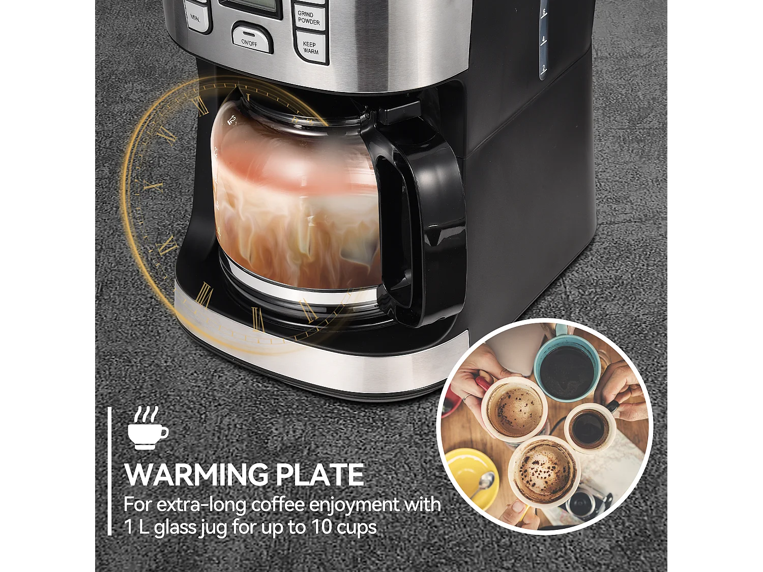 Cafetera de filtro barista con molinillo y jarra aislada | Cafetera aislada para 10 tazas grandes de café | Para café en grano y café molido, negro/gris