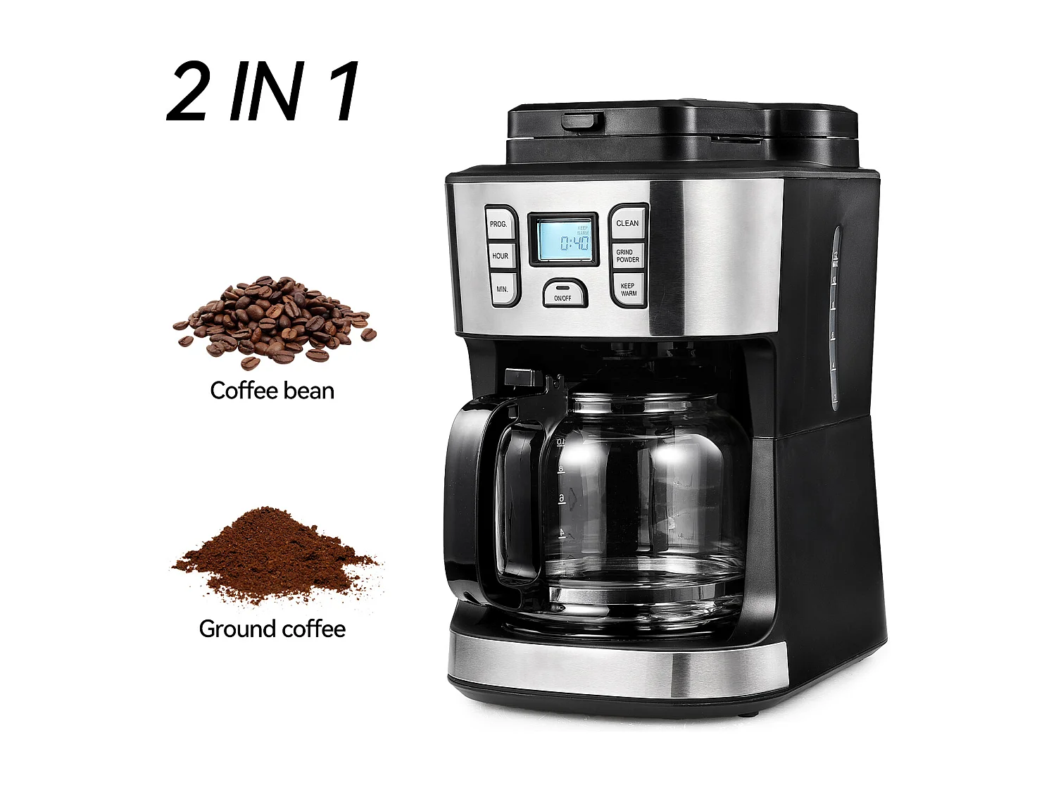 Cafetera de filtro barista con molinillo y jarra aislada | Cafetera aislada para 10 tazas grandes de café | Para café en grano y café molido, negro/gris