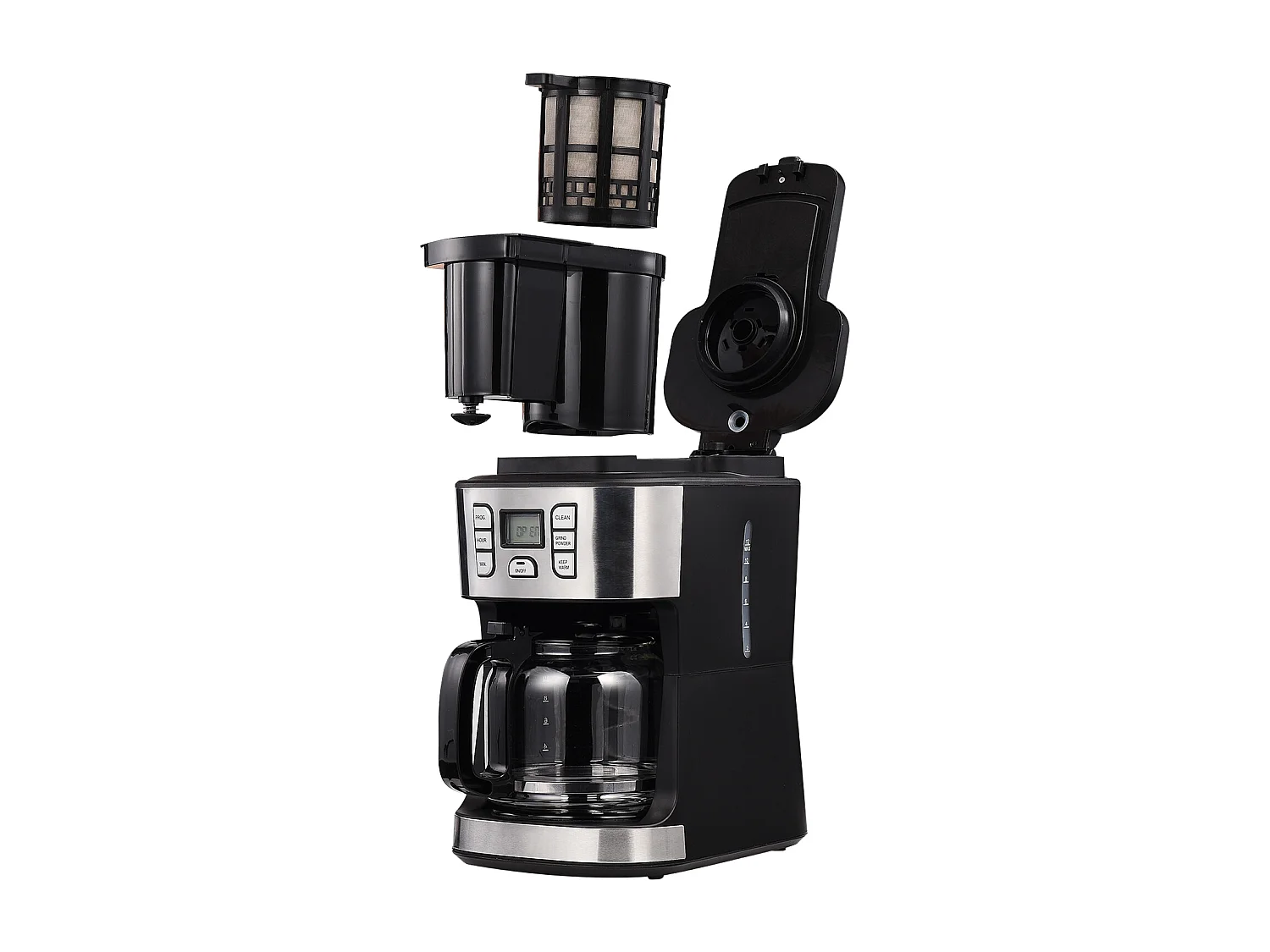 Cafetera de filtro barista con molinillo y jarra aislada | Cafetera aislada para 10 tazas grandes de café | Para café en grano y café molido, negro/gris