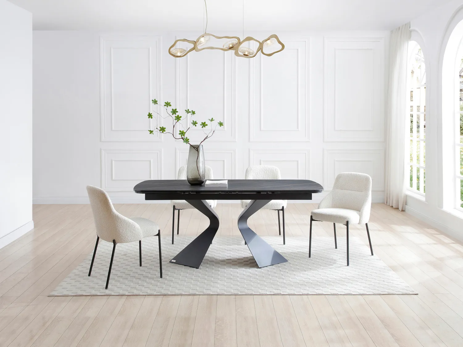 Verlengbare eettafel 6 tot 10 plaatsen van gehard glas, keramiek en metaal - Zwart marmereffect - KAJARI van Maison Céphy