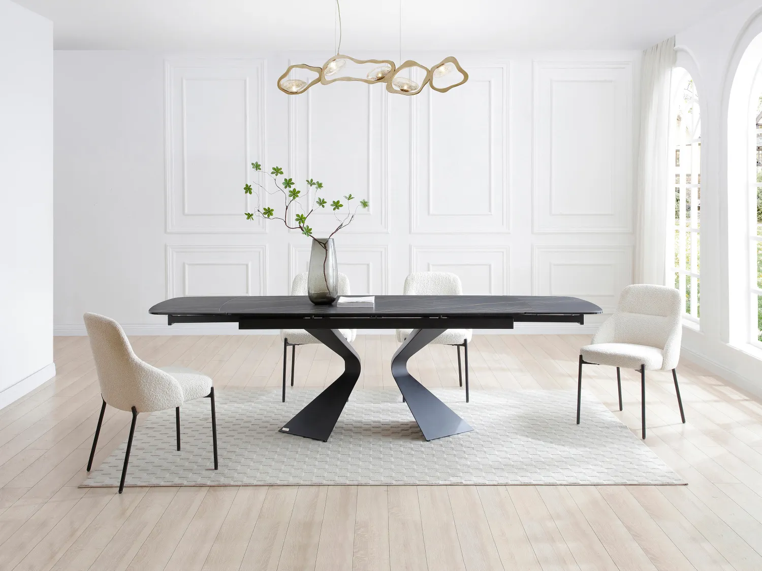 Verlengbare eettafel 6 tot 10 plaatsen van gehard glas, keramiek en metaal - Zwart marmereffect - KAJARI van Maison Céphy