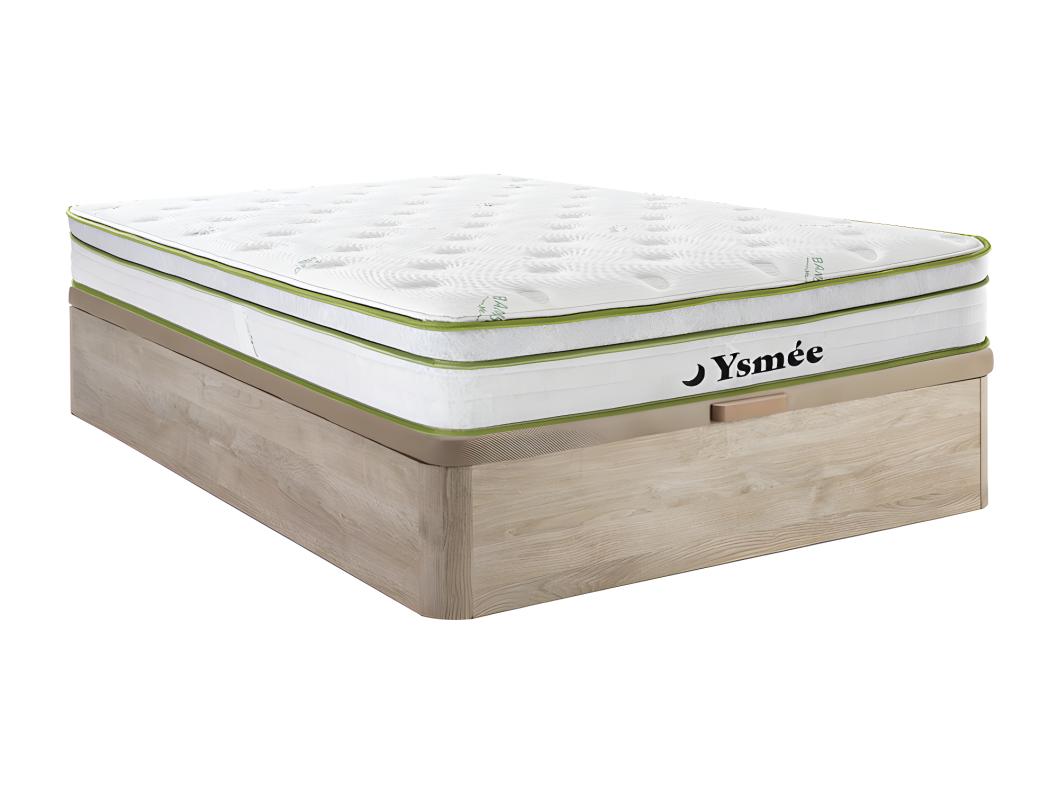 Ensemble 140 x 190 cm sommier coffre naturel clair + matelas ressorts ensachés 5 zones et coutil bambou ép.28cm - PASIR de YSMÉE