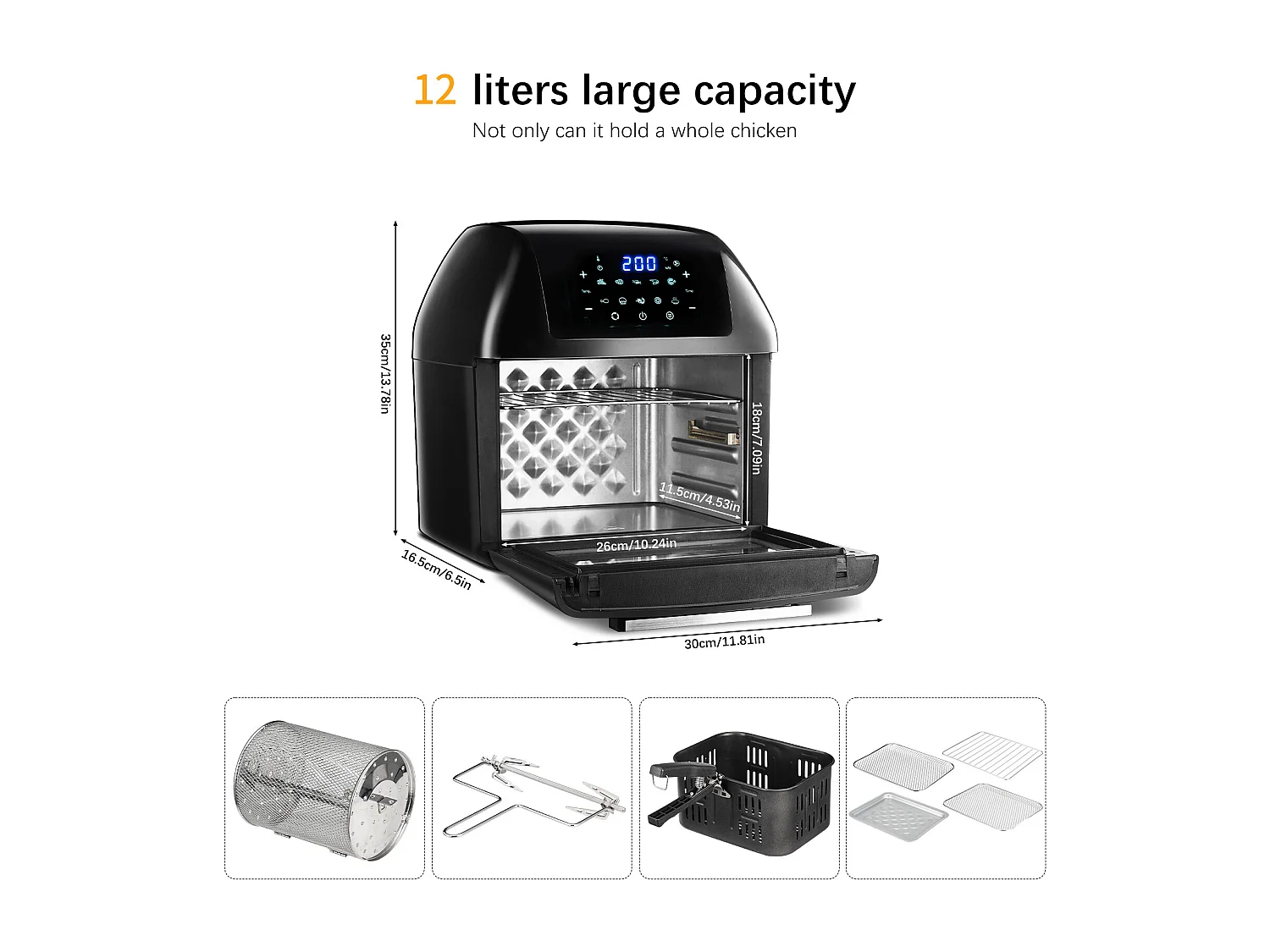 Heteluchtfriteuse, 12 liter, frituurpan, LED-touchscreen, 10 programma's, dehydrator, 1500W heteluchtfriteuse Airfryer, mini-oven