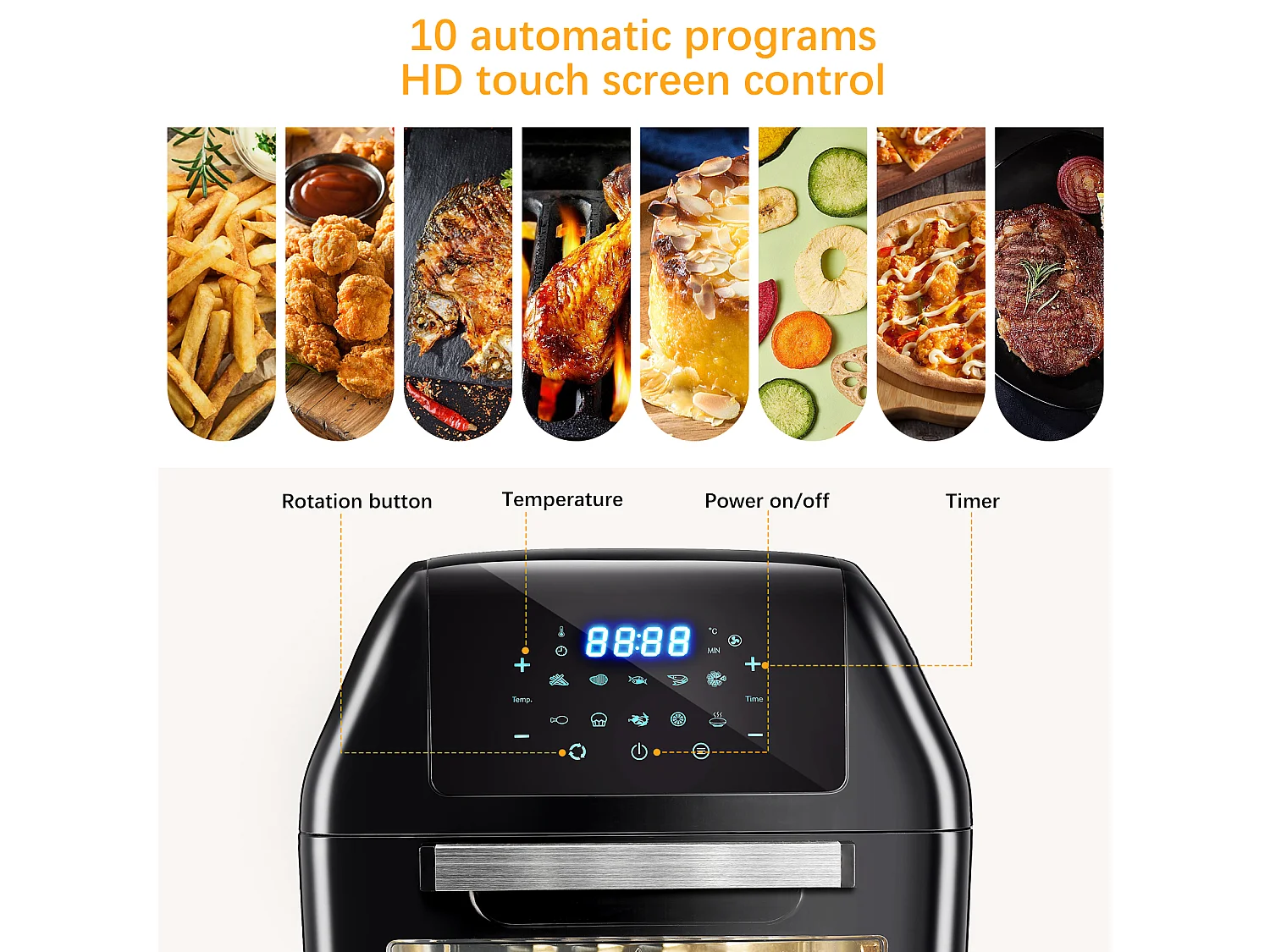 Heteluchtfriteuse, 12 liter, frituurpan, LED-touchscreen, 10 programma's, dehydrator, 1500W heteluchtfriteuse Airfryer, mini-oven