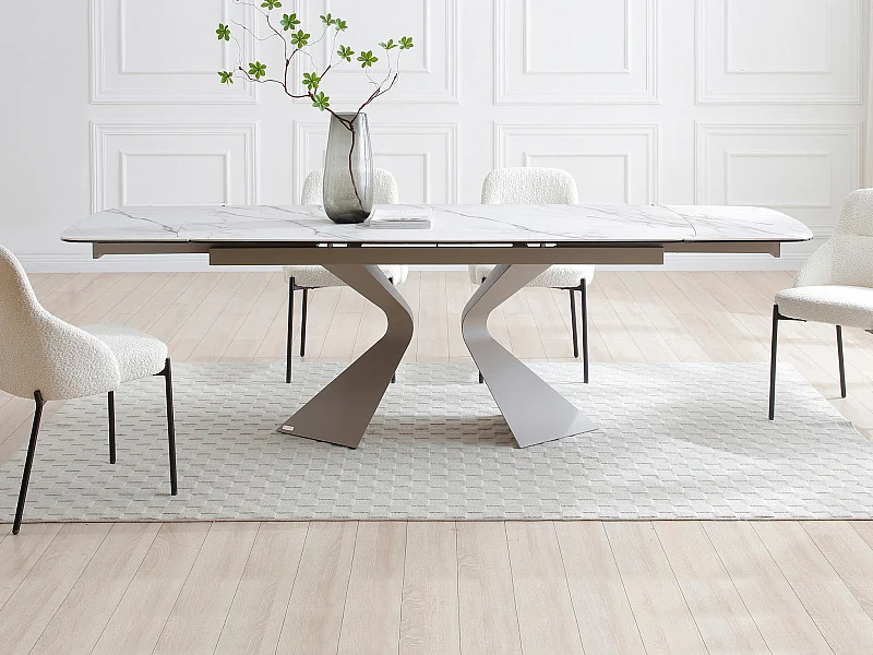 Esstisch ausziehbar - 6 bis 10 Personen - Sicherheitsglas, Keramik & taupefarbenes Metall - Marmor-Optik Weiß - KAJARI von Maison Céphy