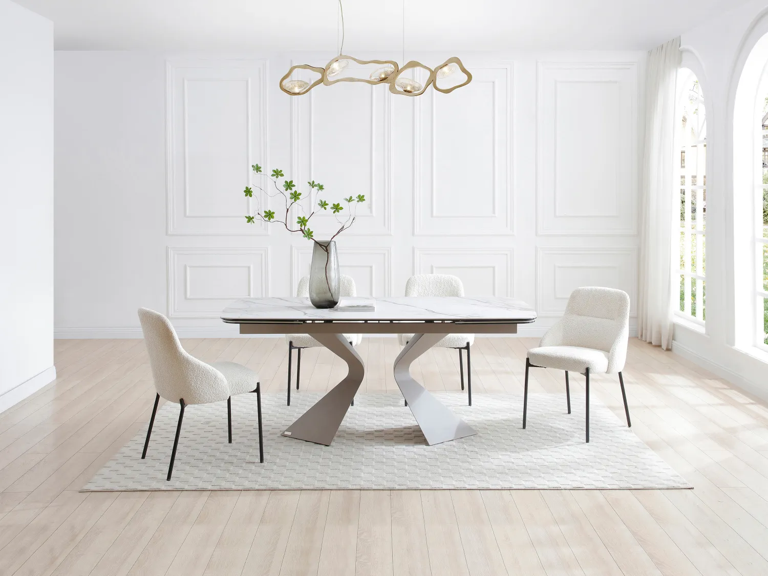Esstisch ausziehbar - 6 bis 10 Personen - Sicherheitsglas, Keramik & taupefarbenes Metall - Marmor-Optik Weiß - KAJARI von Maison Céphy