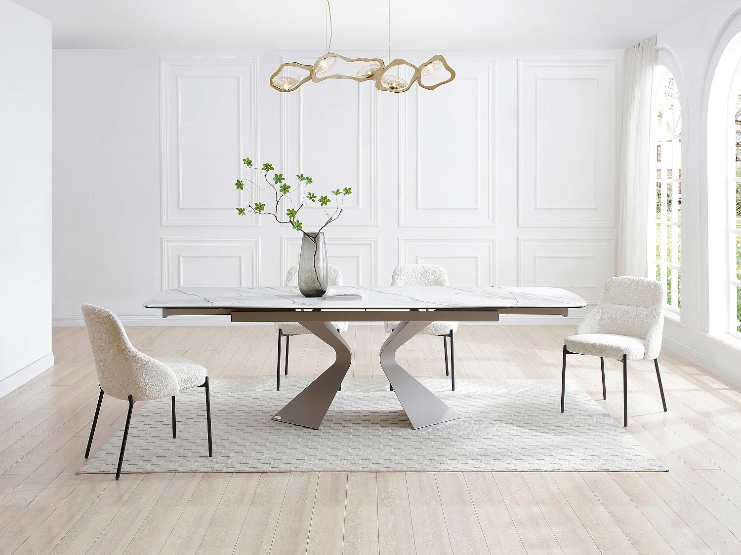 Table à manger extensible 6 à 10 personnes céramique, verre trempé et métal taupe - Effet marbre blanc - KAJARI de Maison Céphy