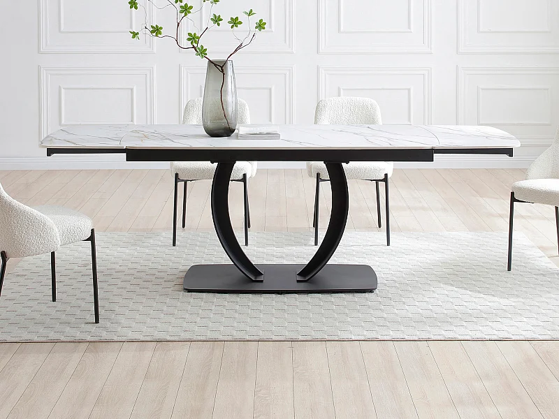Table à manger extensible 6 à 10 personnes en céramique et métal noir - Effet marbre blanc - OLIFIA de Maison Céphy